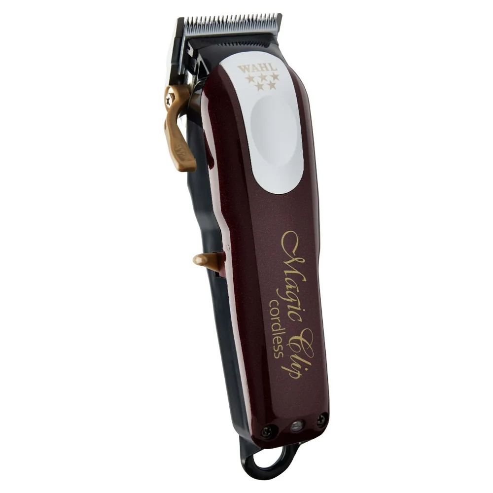 Burgundy Wahl Cordless Magic Clip 08148 with silver faceplate and gold taper lever