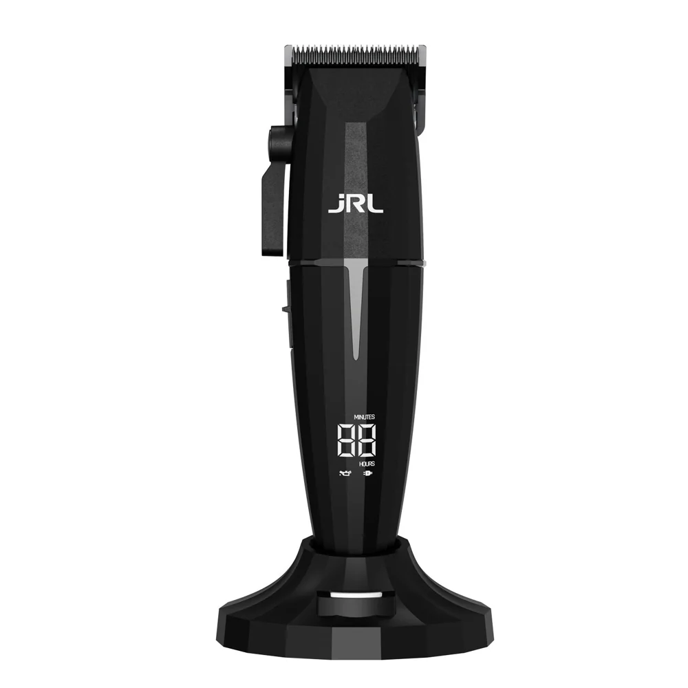 Black JRL Onyx professional cordless clipper resting on its charging dock