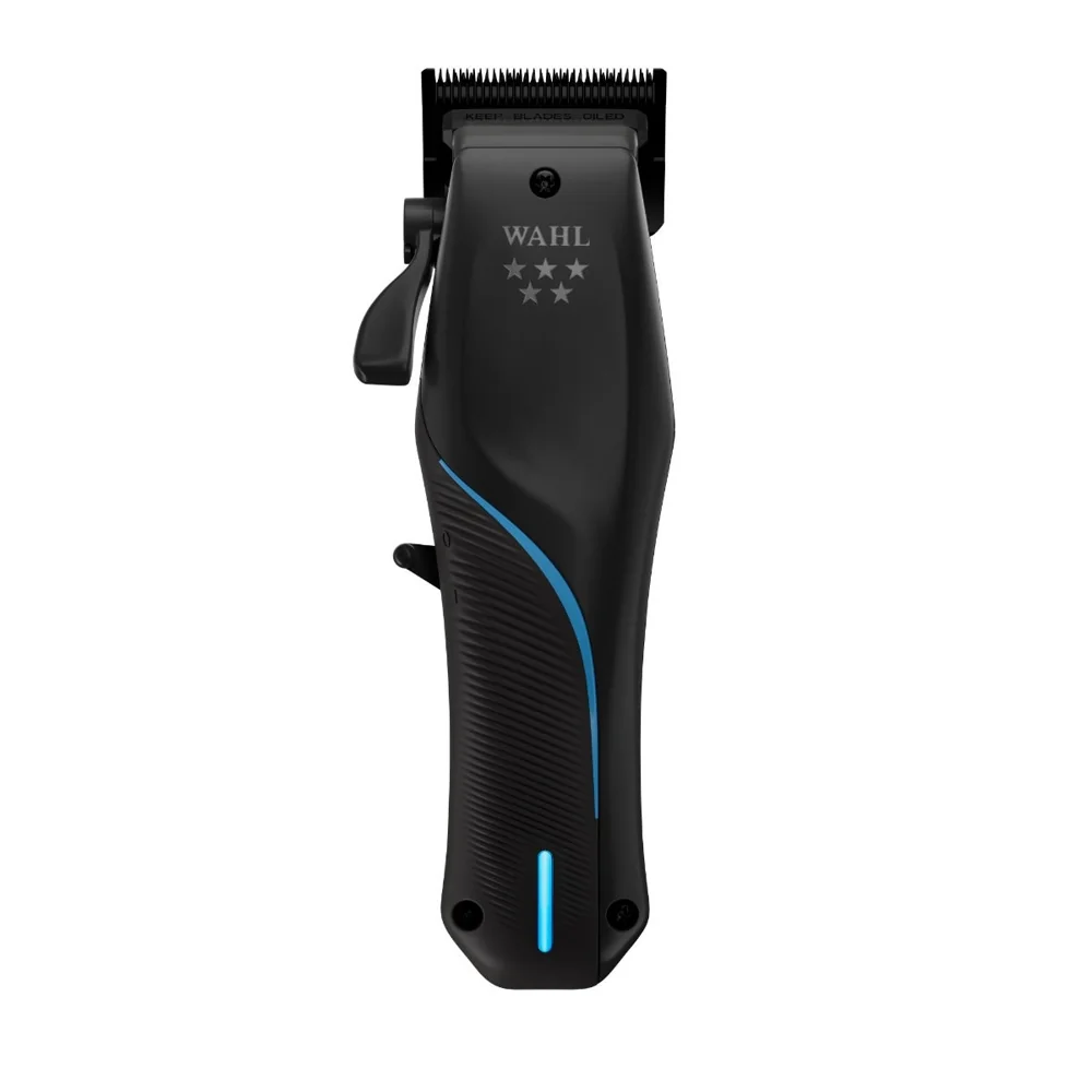 Black Wahl Vapor professional cordless clipper with blue detailing and F32 FADEOUT blade